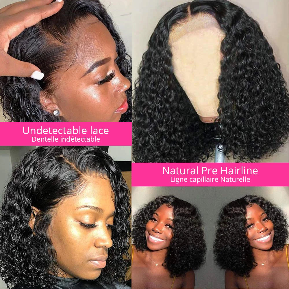 Brazilian 100% Human Deep Curly Bob Hair Wigs Natural Black Color Deep Wave HD Lace Front Wigs 13x4 Transparent Lace Frontal Wig