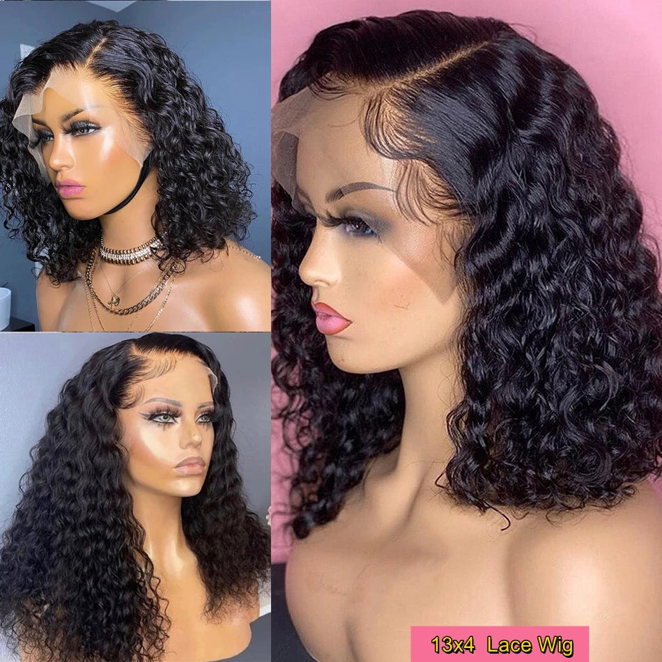 Brazilian 100% Human Deep Curly Bob Hair Wigs Natural Black Color Deep Wave HD Lace Front Wigs 13x4 Transparent Lace Frontal Wig