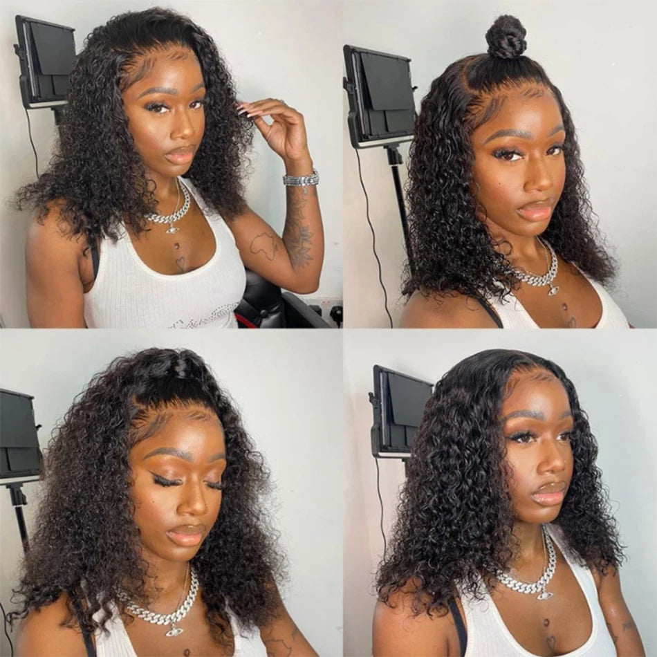 Brazilian 100% Human Deep Curly Bob Hair Wigs Natural Black Color Deep Wave HD Lace Front Wigs 13x4 Transparent Lace Frontal Wig