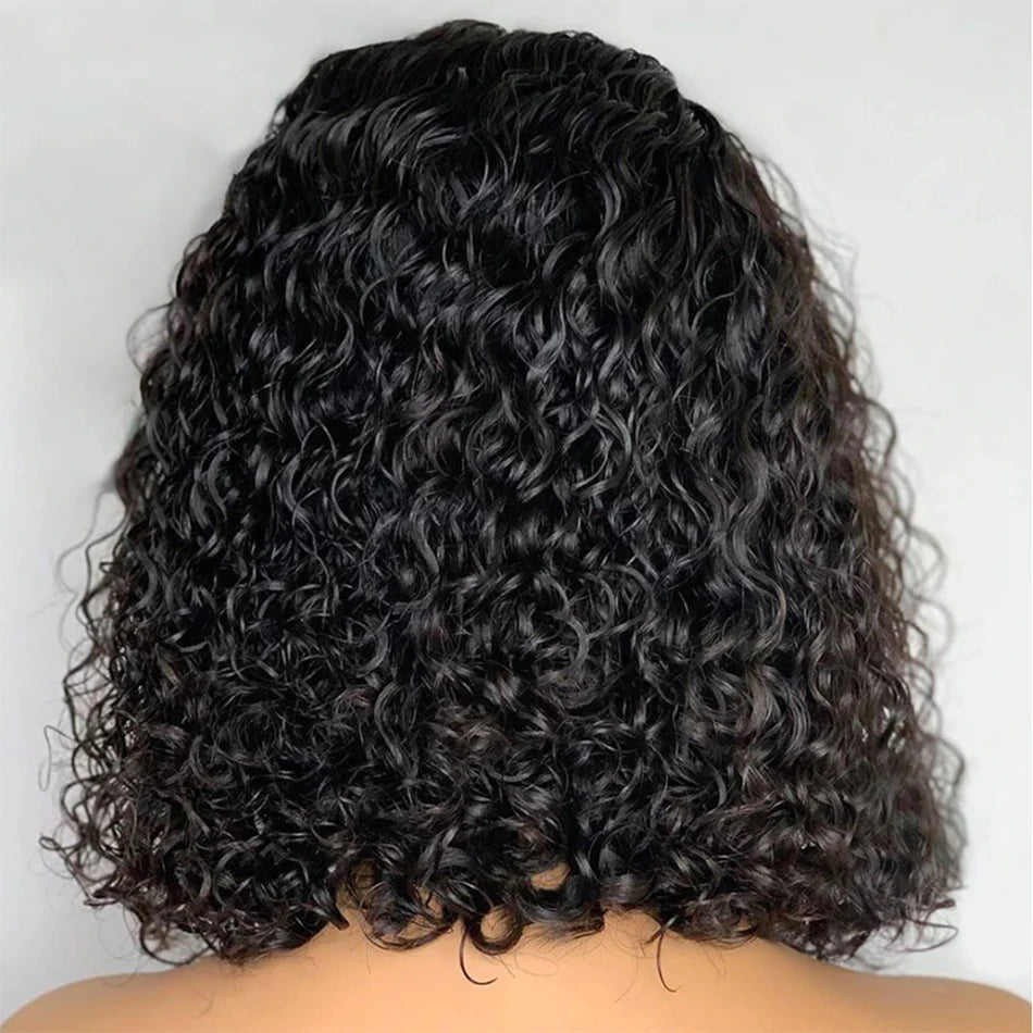 Brazilian 100% Human Deep Curly Bob Hair Wigs Natural Black Color Deep Wave HD Lace Front Wigs 13x4 Transparent Lace Frontal Wig