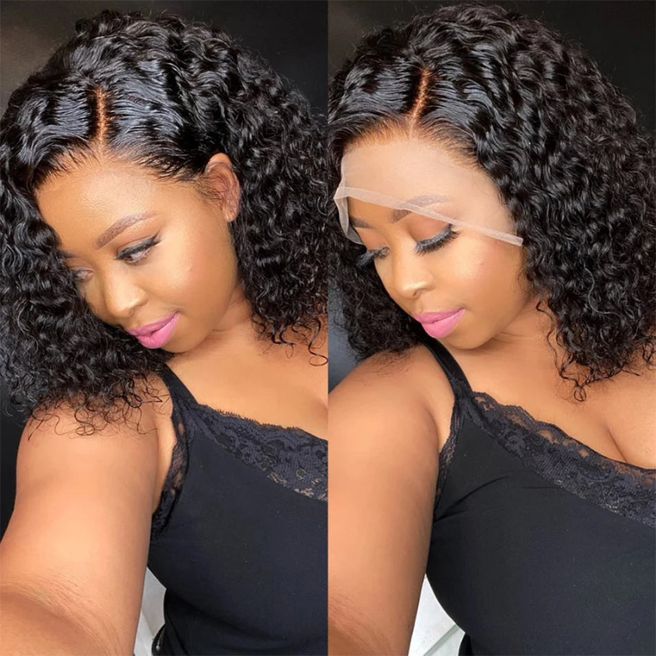 Brazilian 100% Human Deep Curly Bob Hair Wigs Natural Black Color Deep Wave HD Lace Front Wigs 13x4 Transparent Lace Frontal Wig