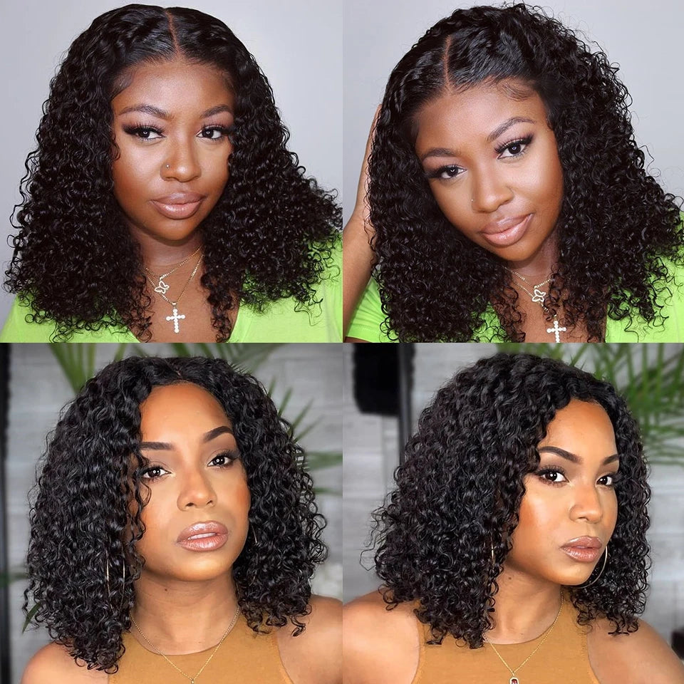 Brazilian 100% Human Deep Curly Bob Hair Wigs Natural Black Color Deep Wave HD Lace Front Wigs 13x4 Transparent Lace Frontal Wig