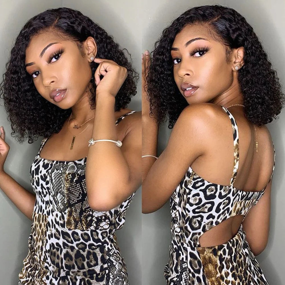 Brazilian 100% Human Deep Curly Bob Hair Wigs Natural Black Color Deep Wave HD Lace Front Wigs 13x4 Transparent Lace Frontal Wig