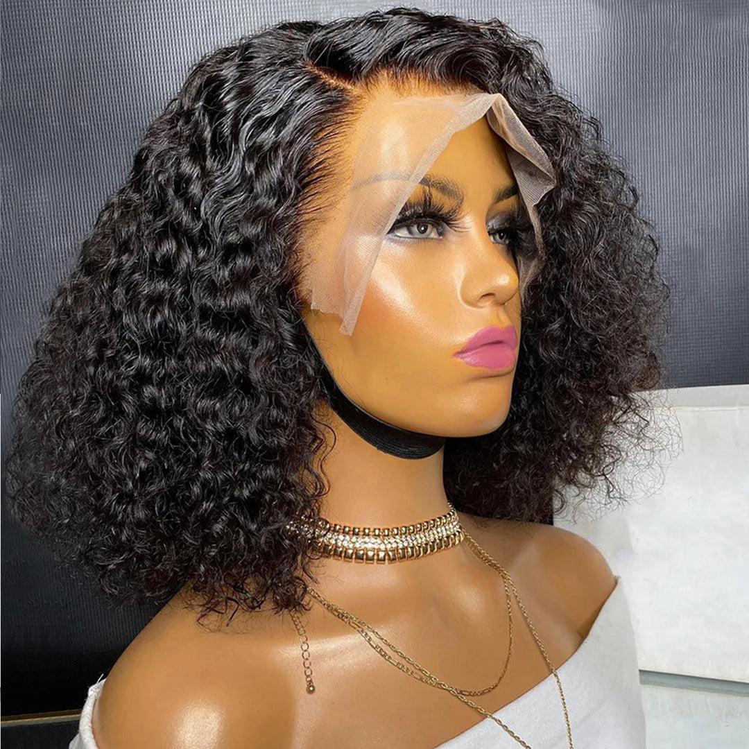 Brazilian 100% Human Deep Curly Bob Hair Wigs Natural Black Color Deep Wave HD Lace Front Wigs 13x4 Transparent Lace Frontal Wig