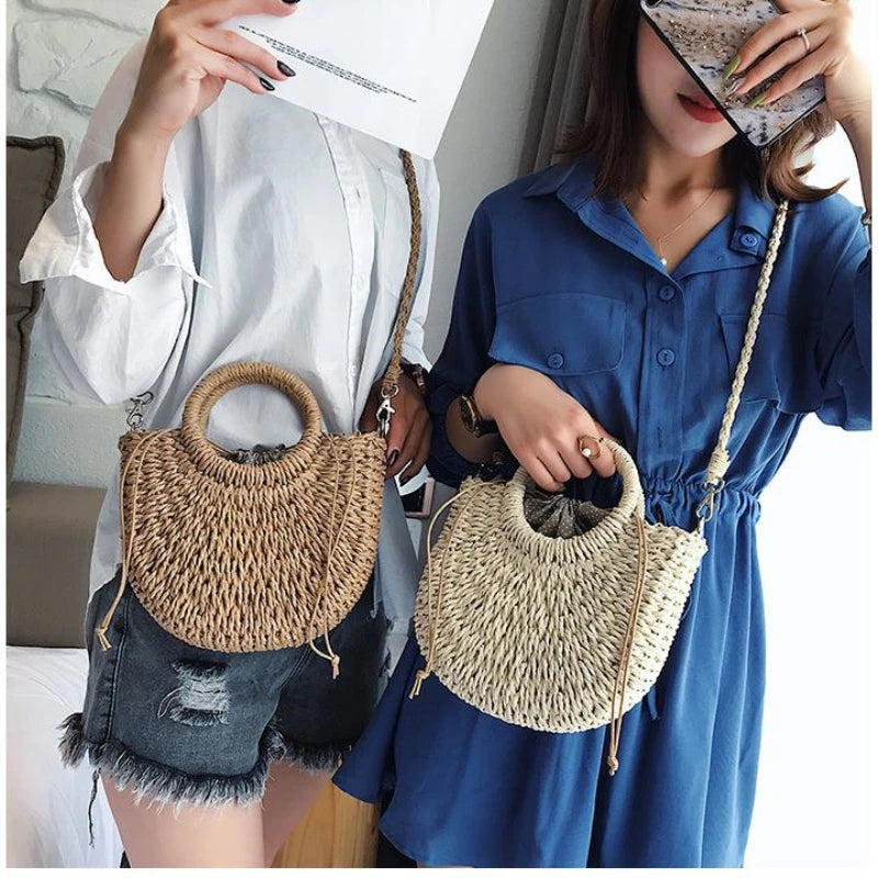 Summer Handmade Bags for Women Beach Weaving Ladies Straw Bag Wrapped Beach Bag Moon shaped Top Handle Handbags Totes