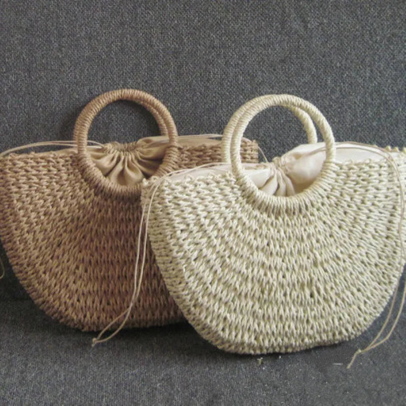 Summer Handmade Bags for Women Beach Weaving Ladies Straw Bag Wrapped Beach Bag Moon shaped Top Handle Handbags Totes