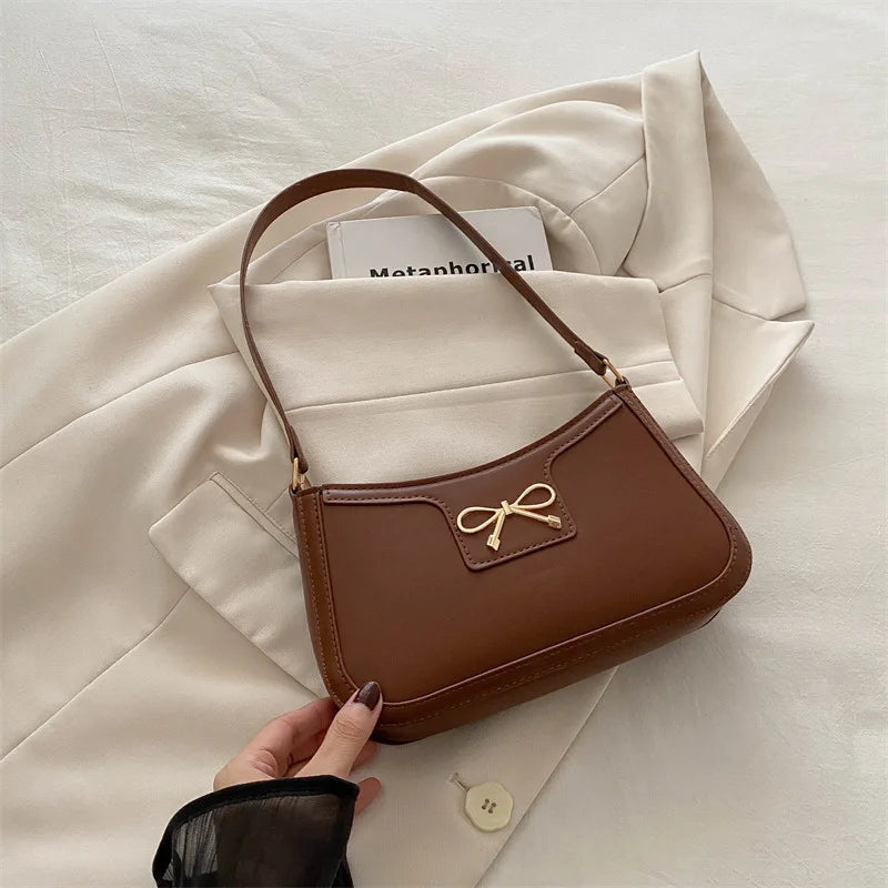 Chic Handbag Shoulder Bag for Women Elegant Underarm Purse with Golden-Tone Bow Detail, PU Material, Perfect for Everyday Use