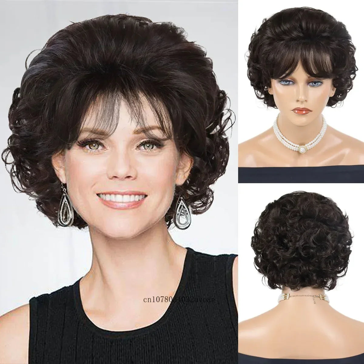 Brown Curly Wig with Bangs Synthetic Short Wigs for Women Korean Hairstyle Witty Cute Ladies Hair Daily Cosplay Halloween Party