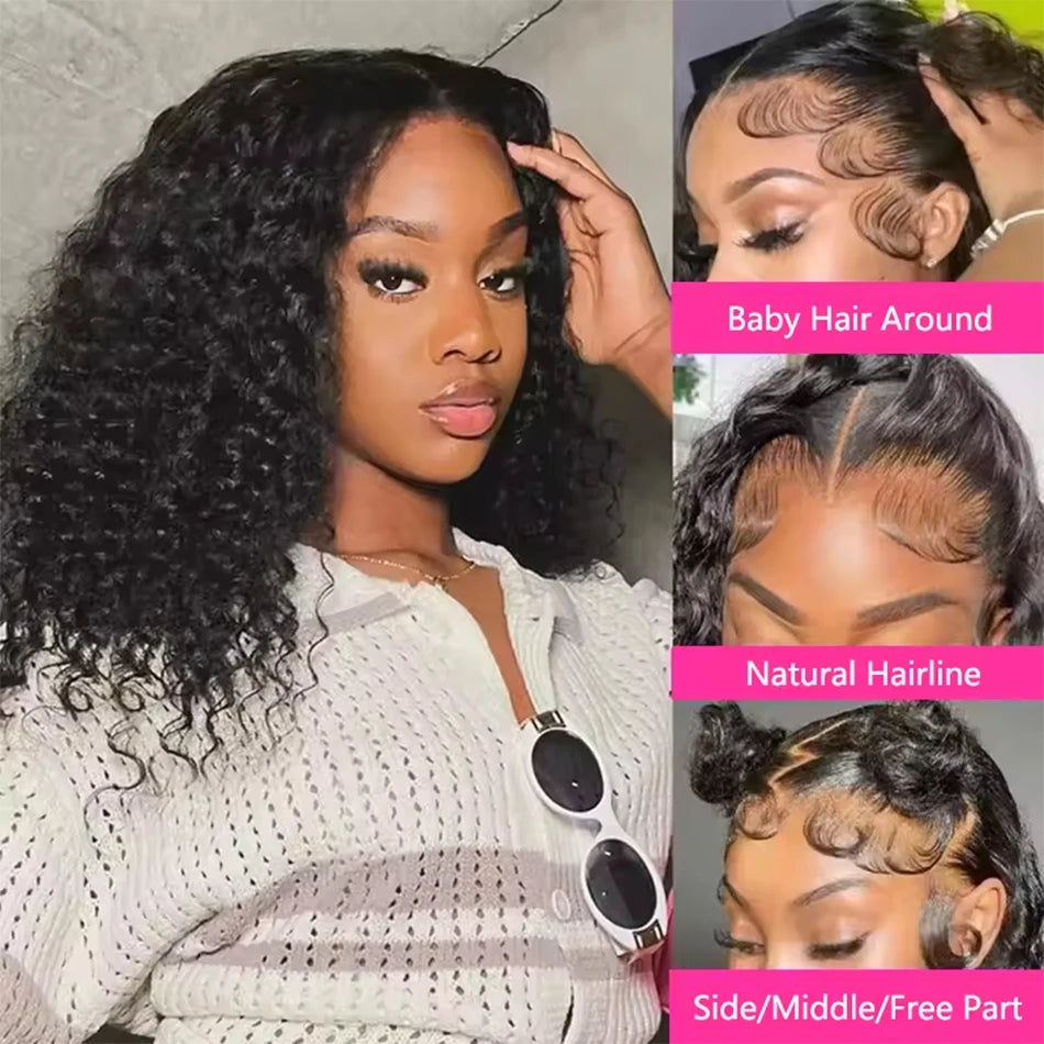 Brazilian 100% Human Deep Curly Bob Hair Wigs Natural Black Color Deep Wave HD Lace Front Wigs 13x4 Transparent Lace Frontal Wig