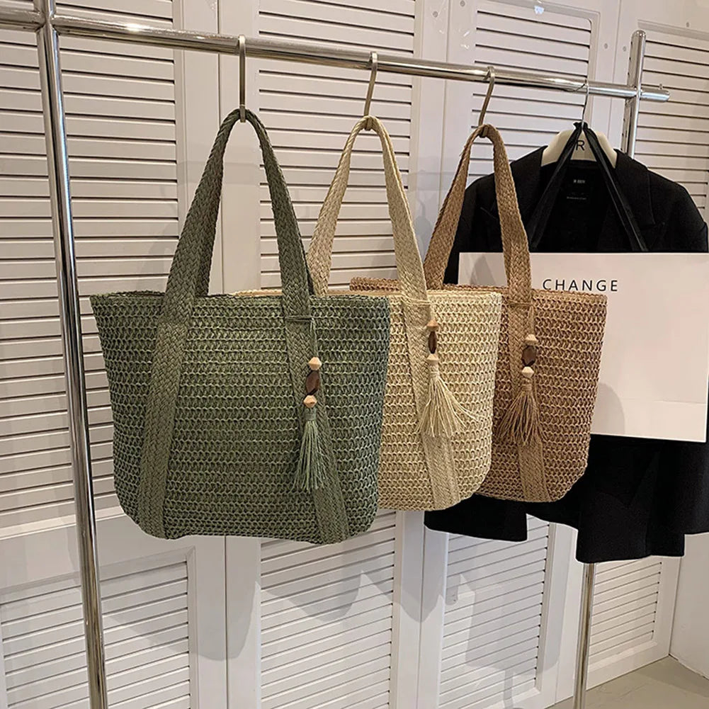 Hand-Woven Handbags Summer Ladies Woven Bag Fashion Handmade Simple Large Capacity with Tassel Pendant Shopping Handbag Tote