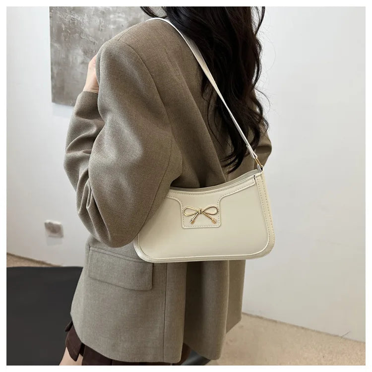 Chic Handbag Shoulder Bag for Women Elegant Underarm Purse with Golden-Tone Bow Detail, PU Material, Perfect for Everyday Use