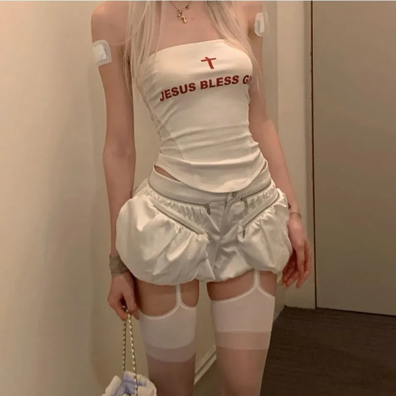 Oshfall European and American hot girls 2024 summer new sexy sleeveless letter print slim tube top sweet spicy women's top