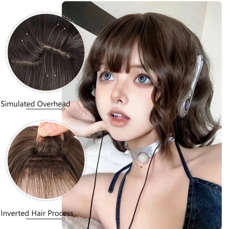 32m Synthetic Short Curly Hair Wig for Women Natural Wavy Wig with Air Bangs Fashionable Full Head Wig Cosplay Curly Hair Female