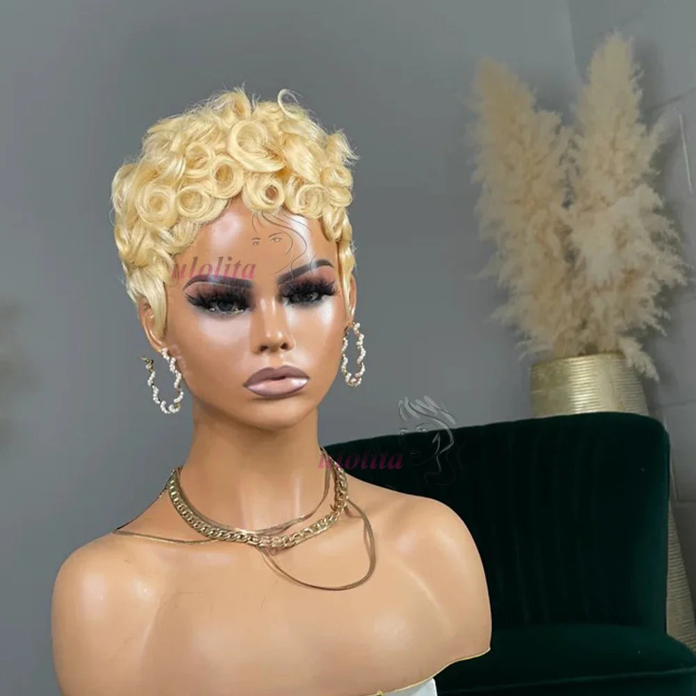 Deep Wave Wig Human Hair 613 Honey Blonde Short Pixie Cut Wig For Black Women Full Machine Made Curly Wigs Ginger Wig Human Hair