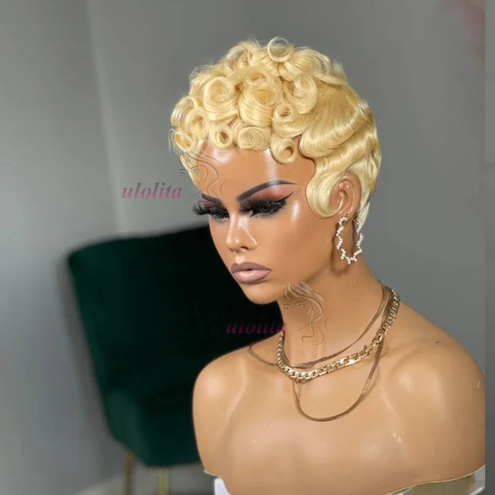 Deep Wave Wig Human Hair 613 Honey Blonde Short Pixie Cut Wig For Black Women Full Machine Made Curly Wigs Ginger Wig Human Hair