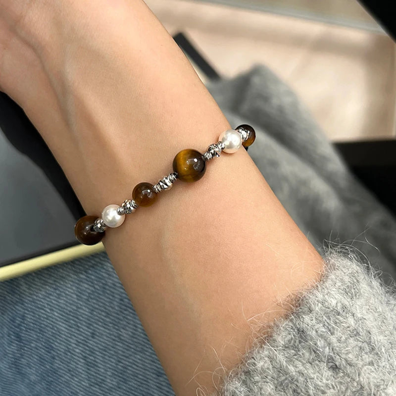 Stainless Steel Natural Tiger Eye Stone Bracelet For women Pearl Indian Style Necklaces and Bracelets Handmade Ethnic Jewel