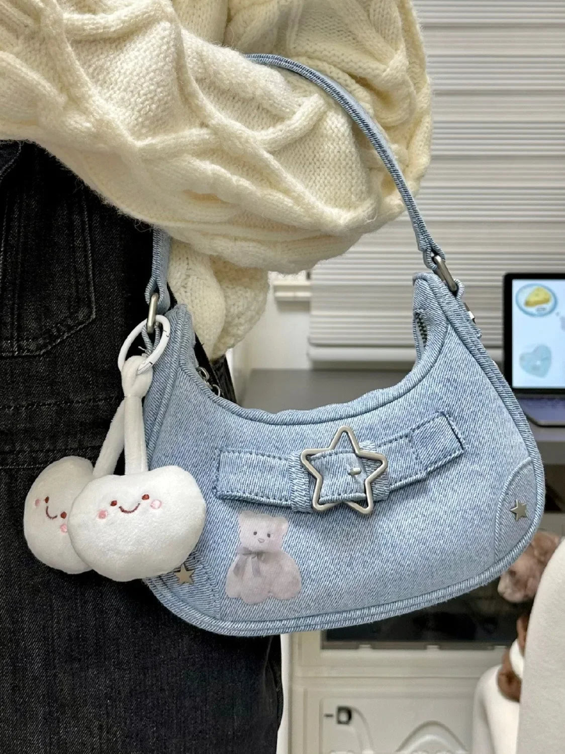 Handbag, women's small bag, mobile phone bag new high-end feeling, autumn retro denim star girl shoulder bag niche hand bag