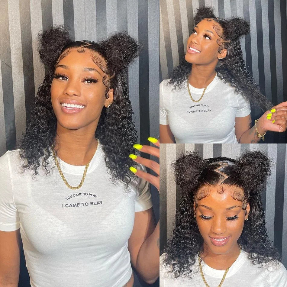 Brazilian 100% Human Deep Curly Bob Hair Wigs Natural Black Color Deep Wave HD Lace Front Wigs 13x4 Transparent Lace Frontal Wig