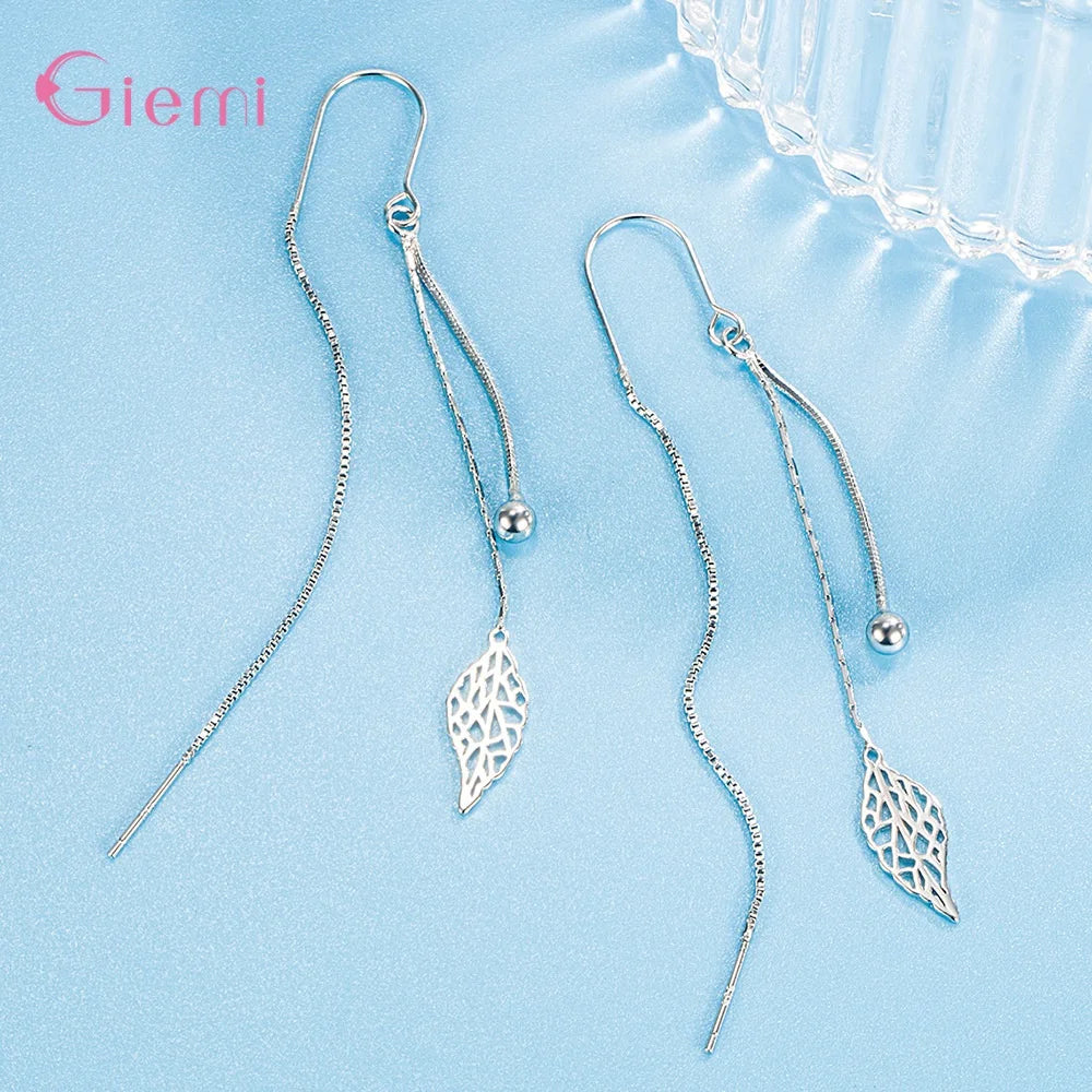 925 Sterling Silver Earrings Fashion Jewelry Simple Hollow Leaf Tassel Long Box Chain Thread Pendientes Ear Decoration Ornaments