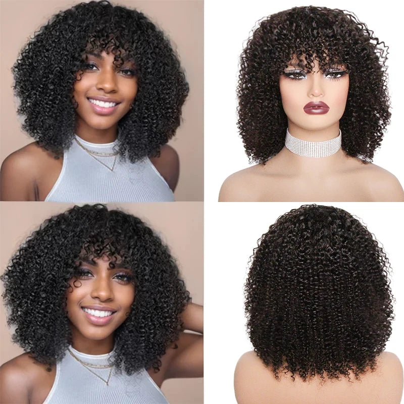 Human Hair Curly Wig With Bangs Natural Brazilian Hair Wigs For Women Short Curly Bob Wigs With Fringe 180% D Full Machine Wigs