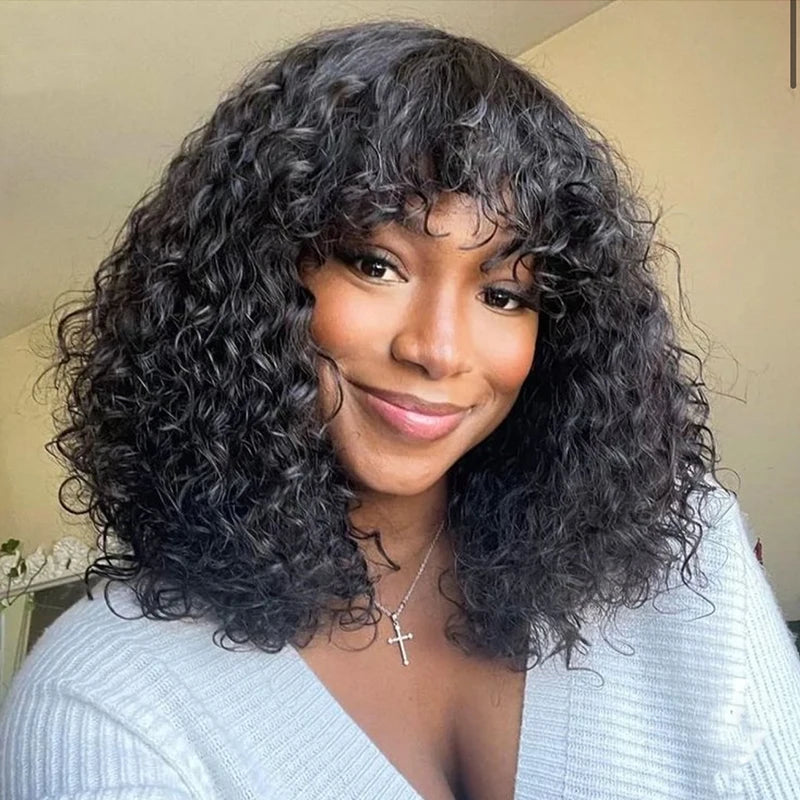Human Hair Curly Wig With Bangs Natural Brazilian Hair Wigs For Women Short Curly Bob Wigs With Fringe 180% D Full Machine Wigs