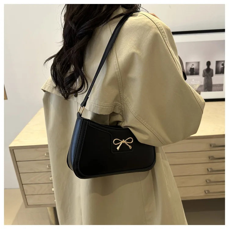 Chic Handbag Shoulder Bag for Women Elegant Underarm Purse with Golden-Tone Bow Detail, PU Material, Perfect for Everyday Use