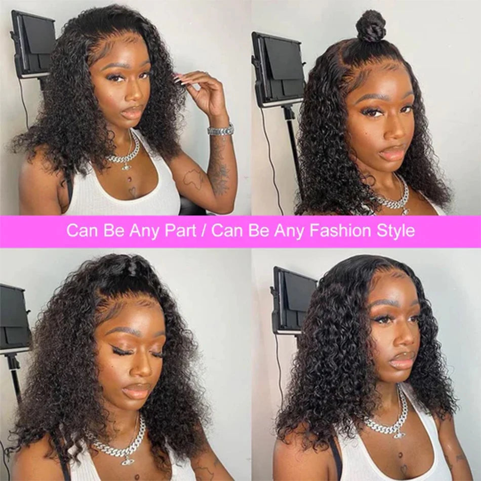 Brazilian 100% Human Deep Curly Bob Hair Wigs Natural Black Color Deep Wave HD Lace Front Wigs 13x4 Transparent Lace Frontal Wig
