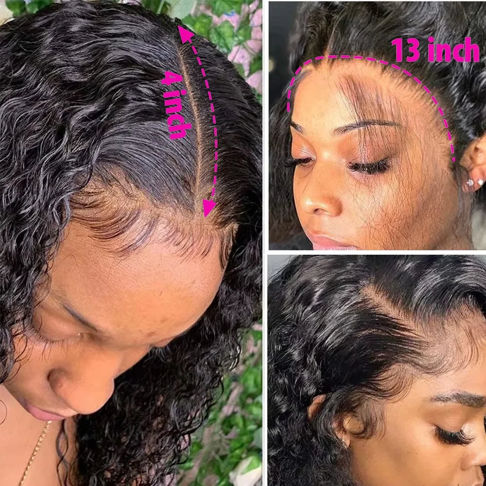 Brazilian 100% Human Deep Curly Bob Hair Wigs Natural Black Color Deep Wave HD Lace Front Part 13x4 Transparent Lace Wigs