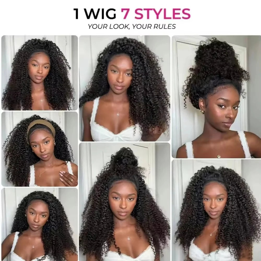 Kinky Curly Human Hair Wig 3 IN 1 Half Wigs Human Hair 250% Density Full Machine Made Clip-in With Drawstring Seamless