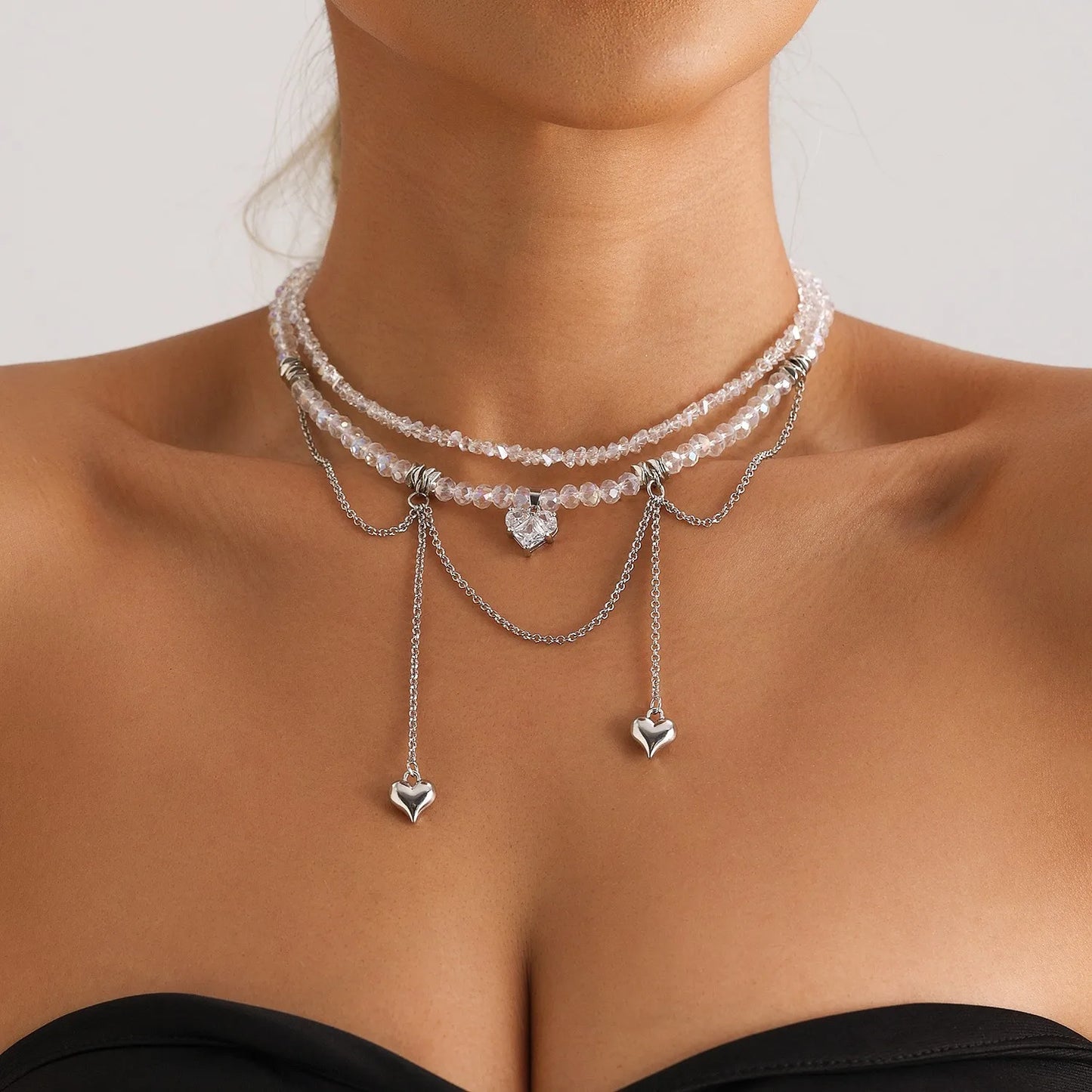 New Heart Beaded Necklace Bracelet Ring Women Boho Crystal Class Gravel Clavicle Chain Cool Y2K Choker Exquisite Fashion Jewelry