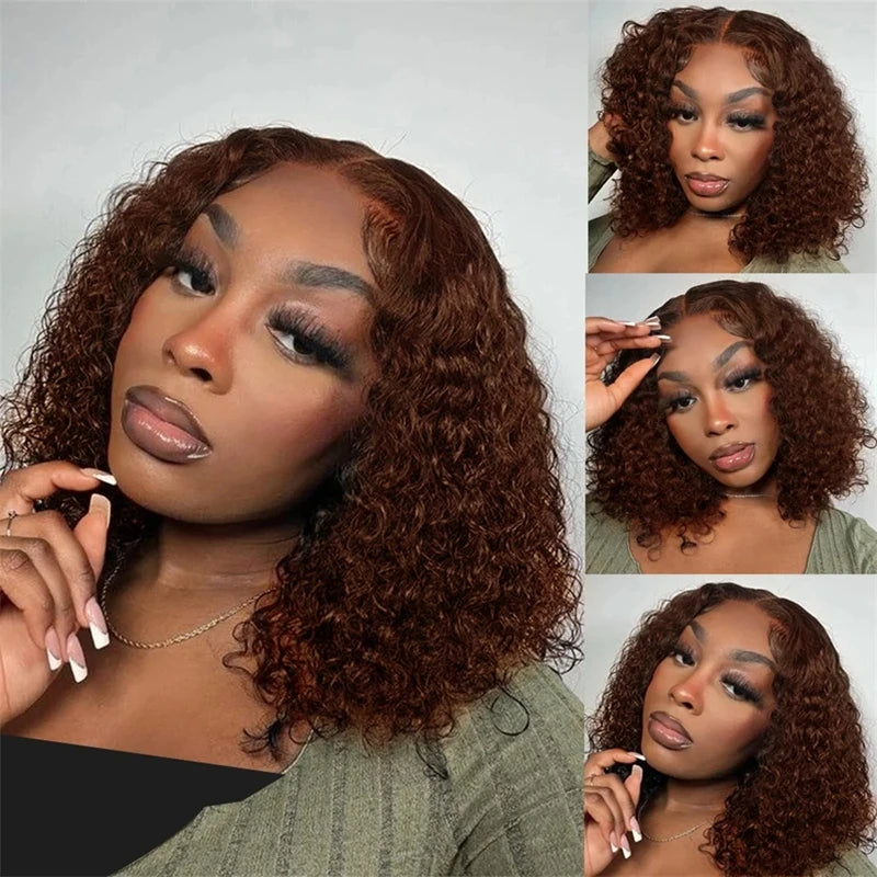 Deep Curly Chocolate Brown 200% Density Bob Wig Wet And Water Wavy Pre Plucked Virgin Hair 13x4 Lace Frontal Human Hair Wigs #4