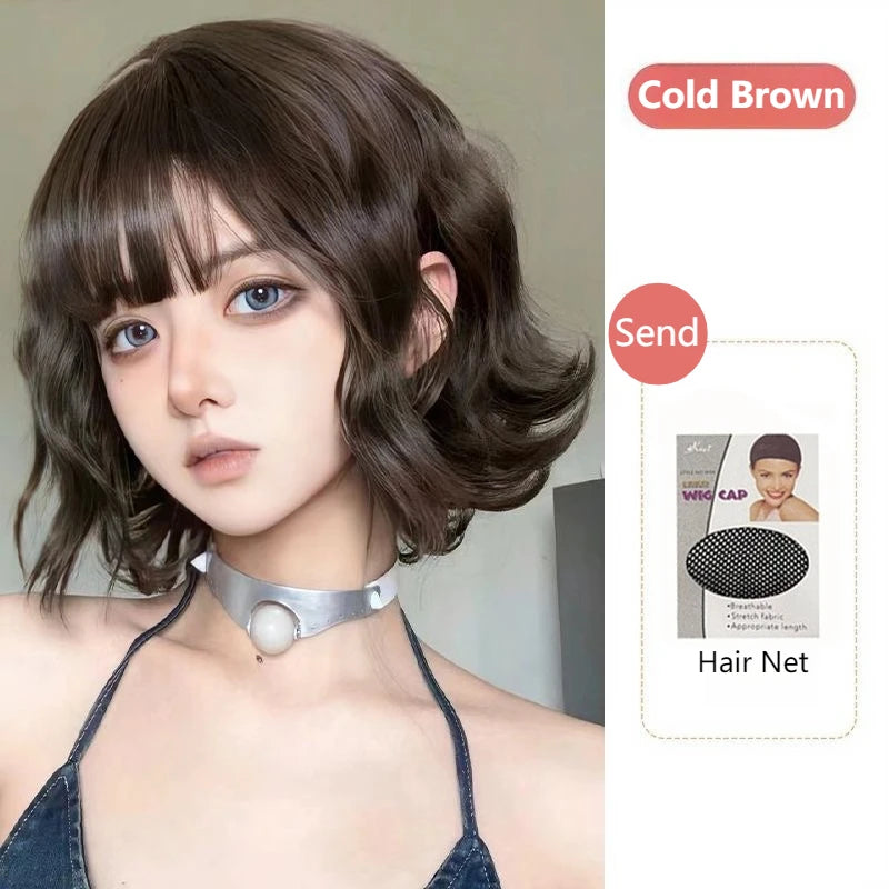 32m Synthetic Short Curly Hair Wig for Women Natural Wavy Wig with Air Bangs Fashionable Full Head Wig Cosplay Curly Hair Female