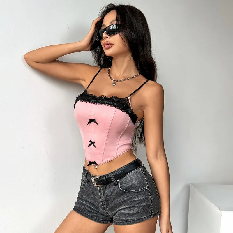 Black Pink Top Hot Sweet Summer Sexy Temperament Tank Tops for Women Lace Bow Patchwork Spaghetti Strap Irregular Female Vest