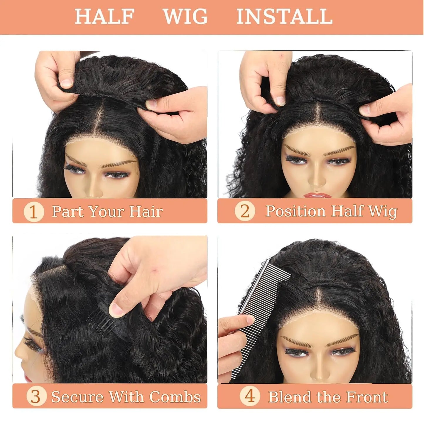 Kinky Curly Human Hair Wig 3 IN 1 Half Wigs Human Hair 250% Density Full Machine Made Clip-in With Drawstring Seamless