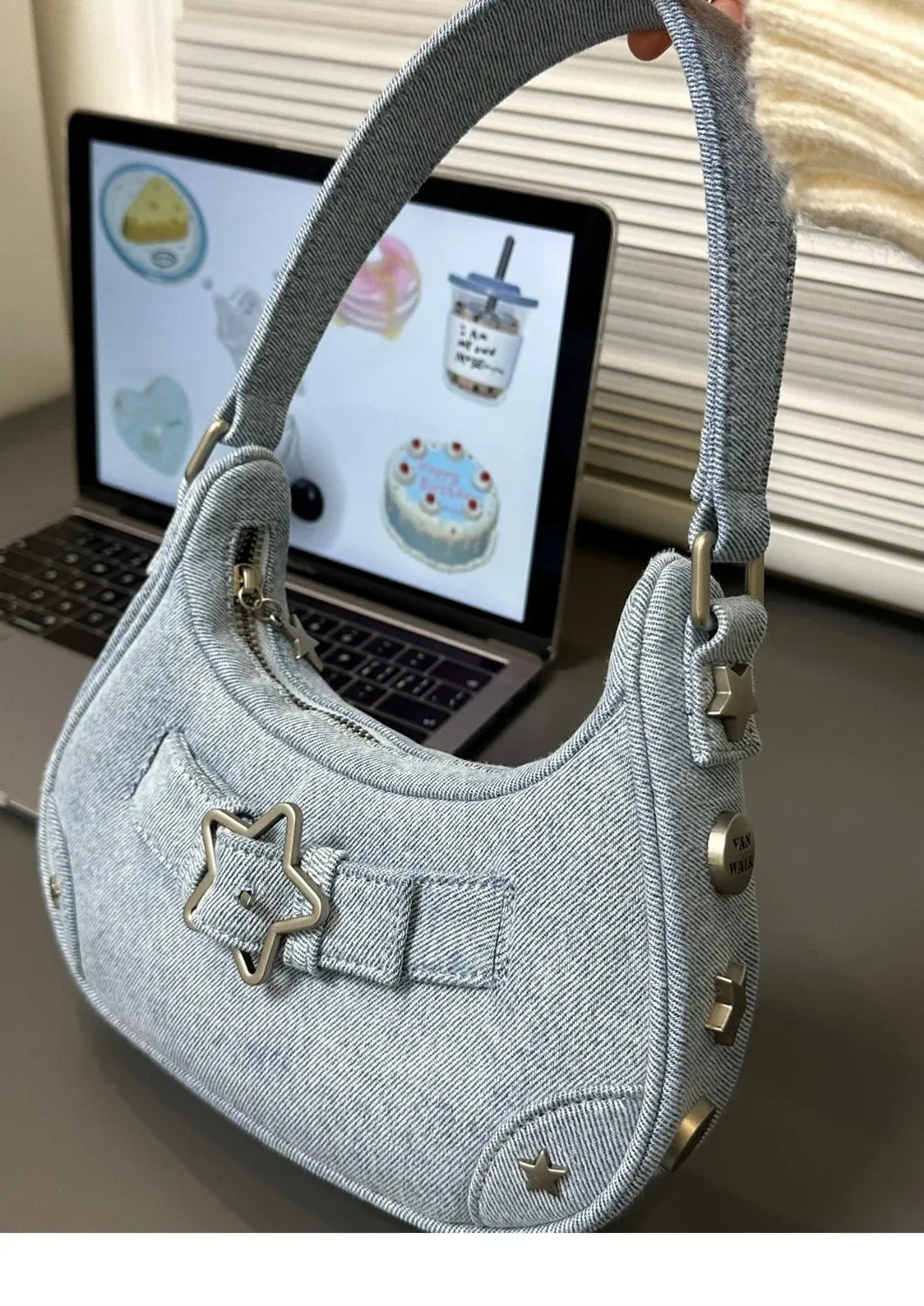 Handbag, women's small bag, mobile phone bag new high-end feeling, autumn retro denim star girl shoulder bag niche hand bag
