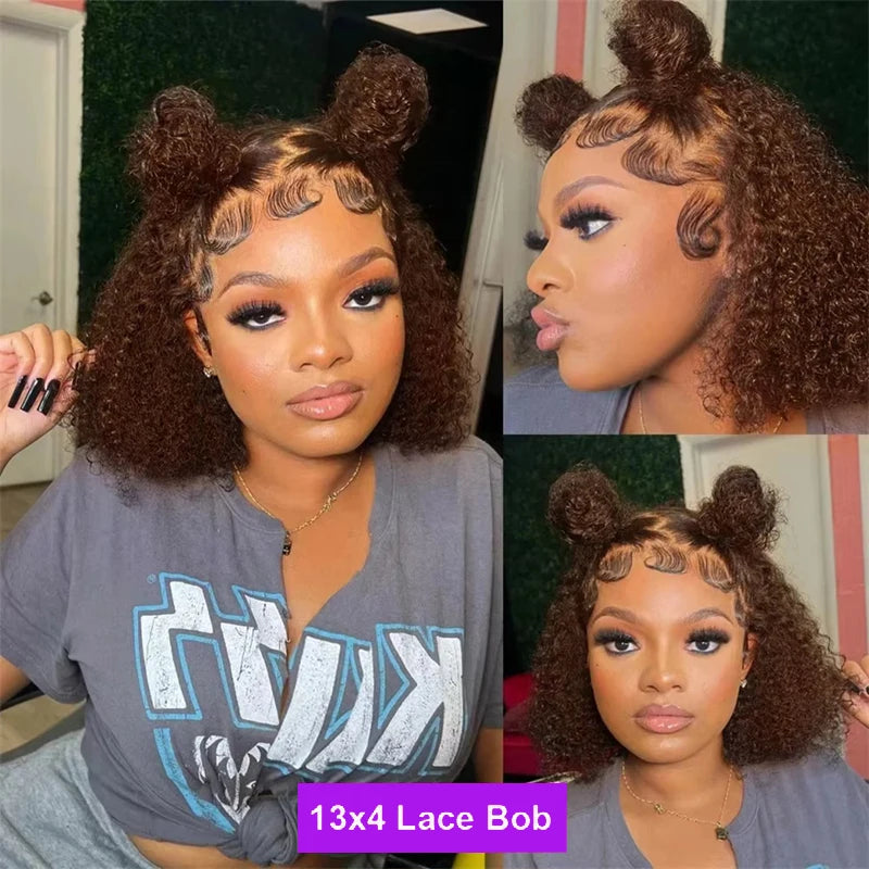 Deep Curly Chocolate Brown 200% Density Bob Wig Wet And Water Wavy Pre Plucked Virgin Hair 13x4 Lace Frontal Human Hair Wigs #4