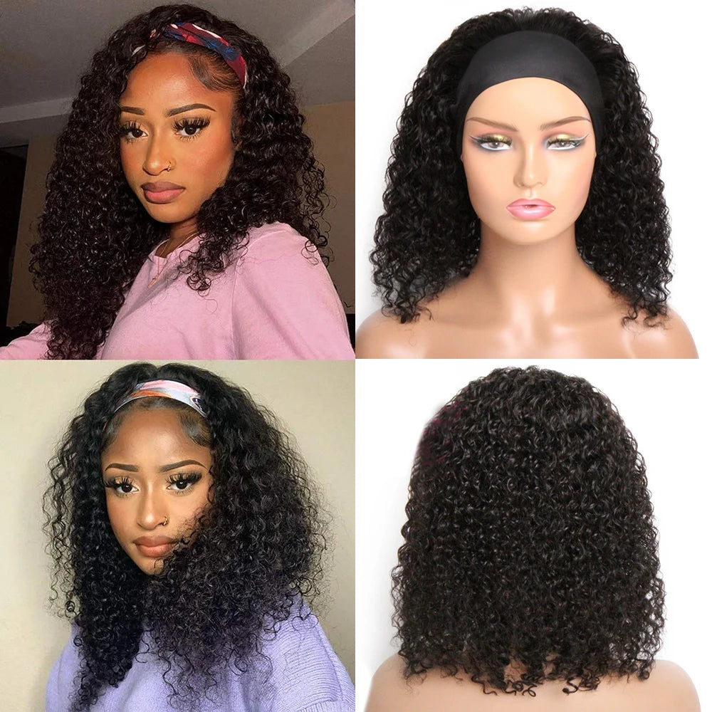 Human Hair Headband Wig Short Curly Human Hair Wigs Full Machine Made Indian Remy Human Hair Wigs For Black Women 180% Density