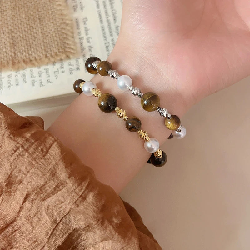 Stainless Steel Natural Tiger Eye Stone Bracelet For women Pearl Indian Style Necklaces and Bracelets Handmade Ethnic Jewel