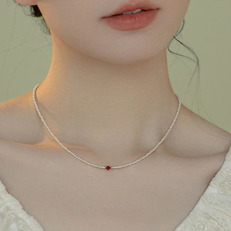 Pearl Necklace Bracelet Women Red Crystal Classic Bead Jewelry Premium Luxury Clavicle Chain Trendy Choker Party Gift