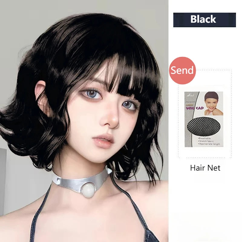 32m Synthetic Short Curly Hair Wig for Women Natural Wavy Wig with Air Bangs Fashionable Full Head Wig Cosplay Curly Hair Female