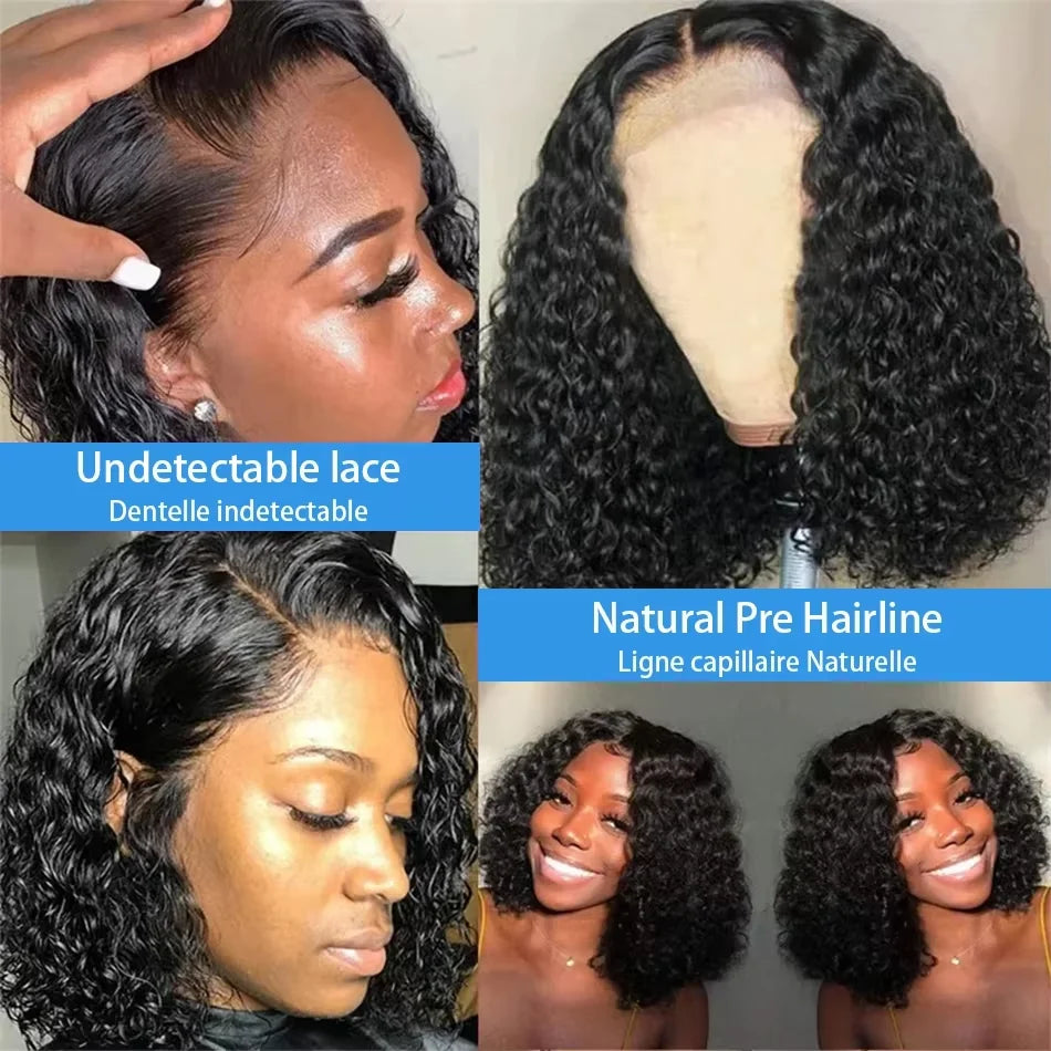 Brazilian 100% Human Deep Curly Bob Hair Wigs Natural Black Color Deep Wave HD Lace Front Part 13x4 Transparent Lace Wigs