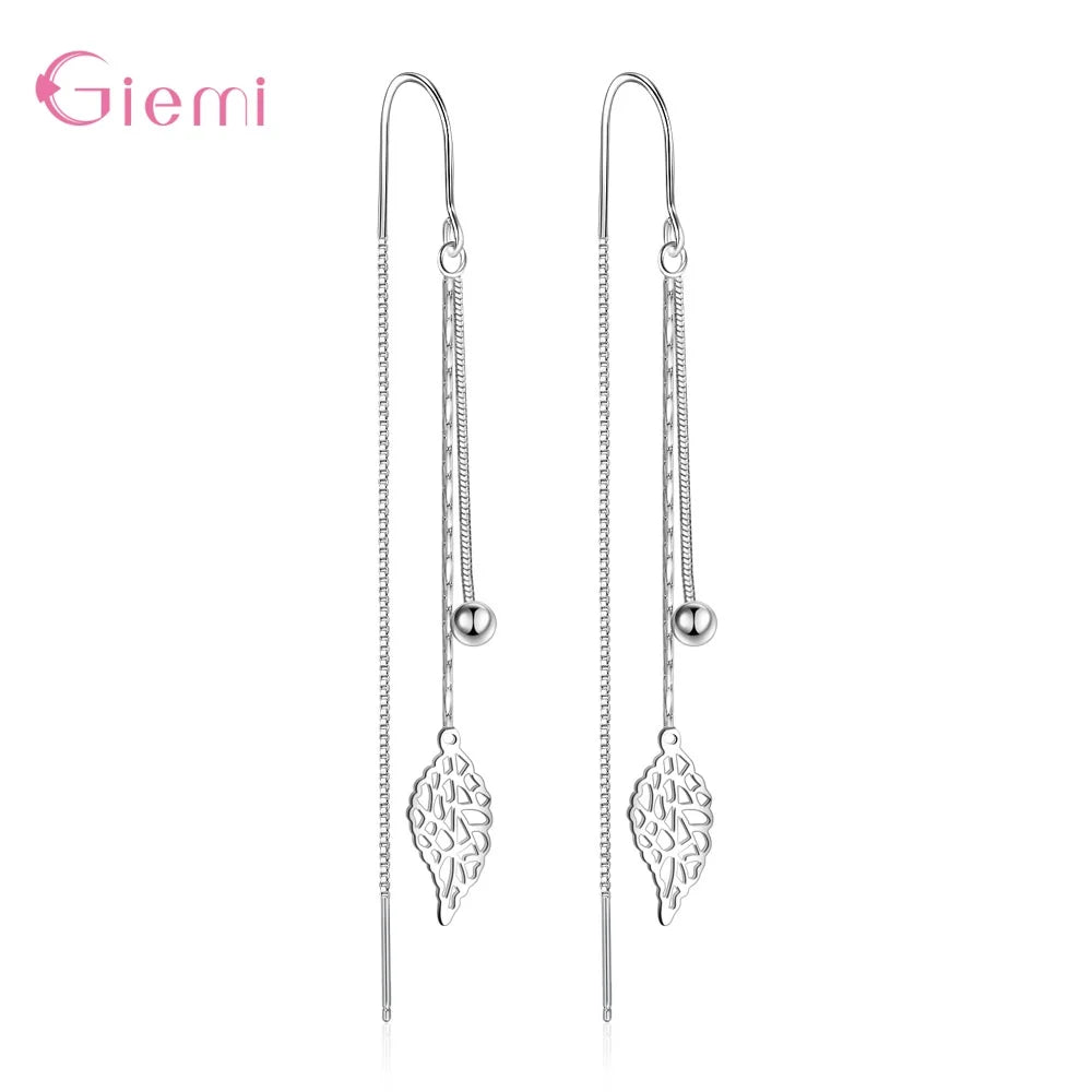 925 Sterling Silver Earrings Fashion Jewelry Simple Hollow Leaf Tassel Long Box Chain Thread Pendientes Ear Decoration Ornaments