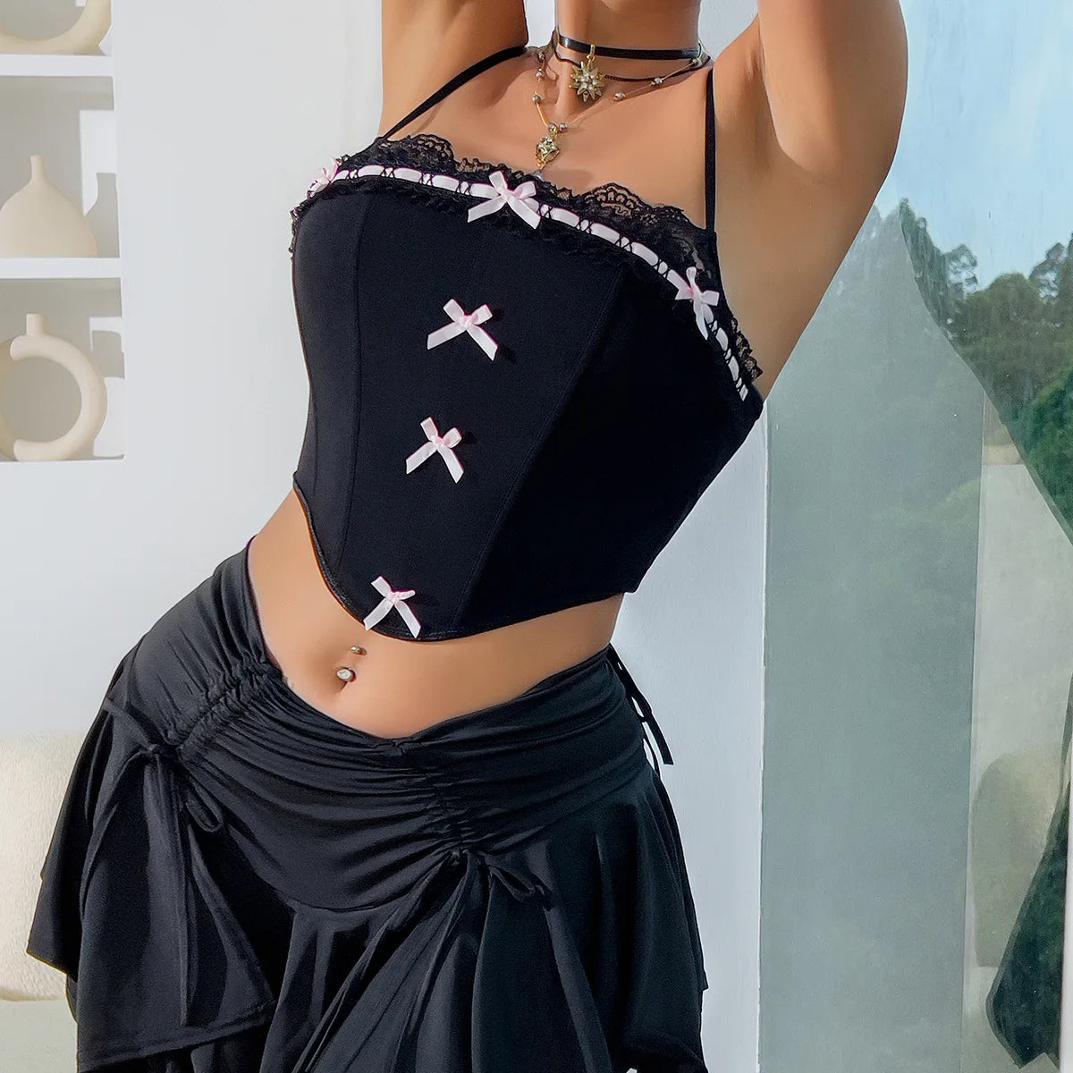 Black Pink Top Hot Sweet Summer Sexy Temperament Tank Tops for Women Lace Bow Patchwork Spaghetti Strap Irregular Female Vest