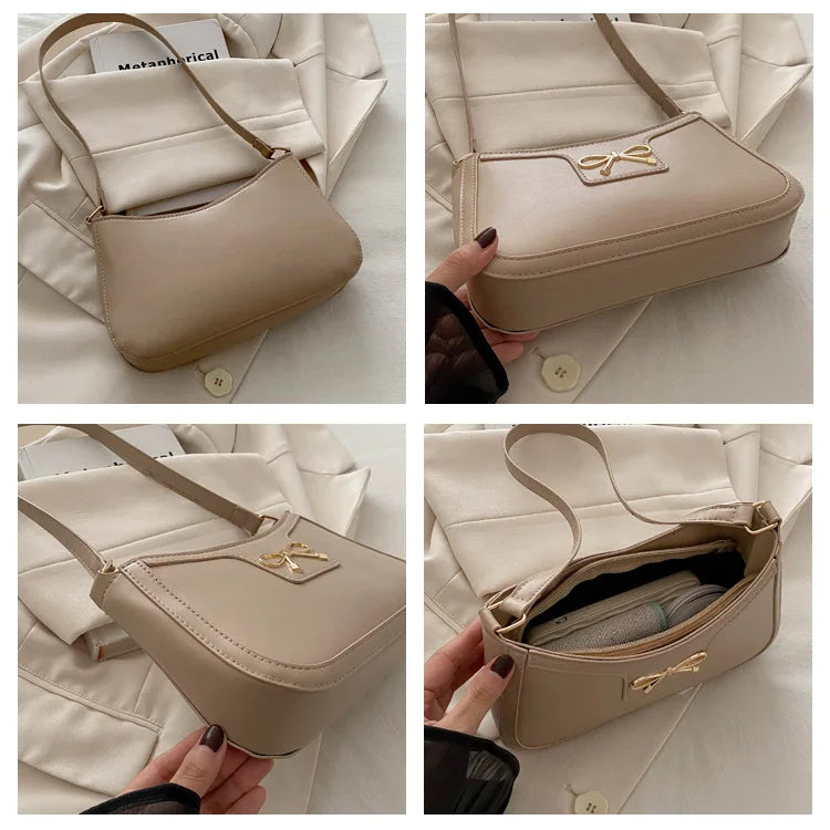 Chic Handbag Shoulder Bag for Women Elegant Underarm Purse with Golden-Tone Bow Detail, PU Material, Perfect for Everyday Use