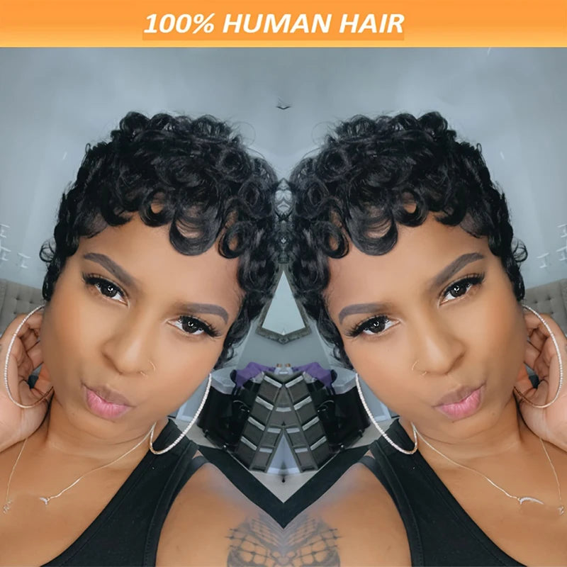 Curly 100% Human Hair Wigs Brazilian Remy Hair Pixie Cut Wigs Human Hair For Women Full Machine Made Wigs 150% Natural Color