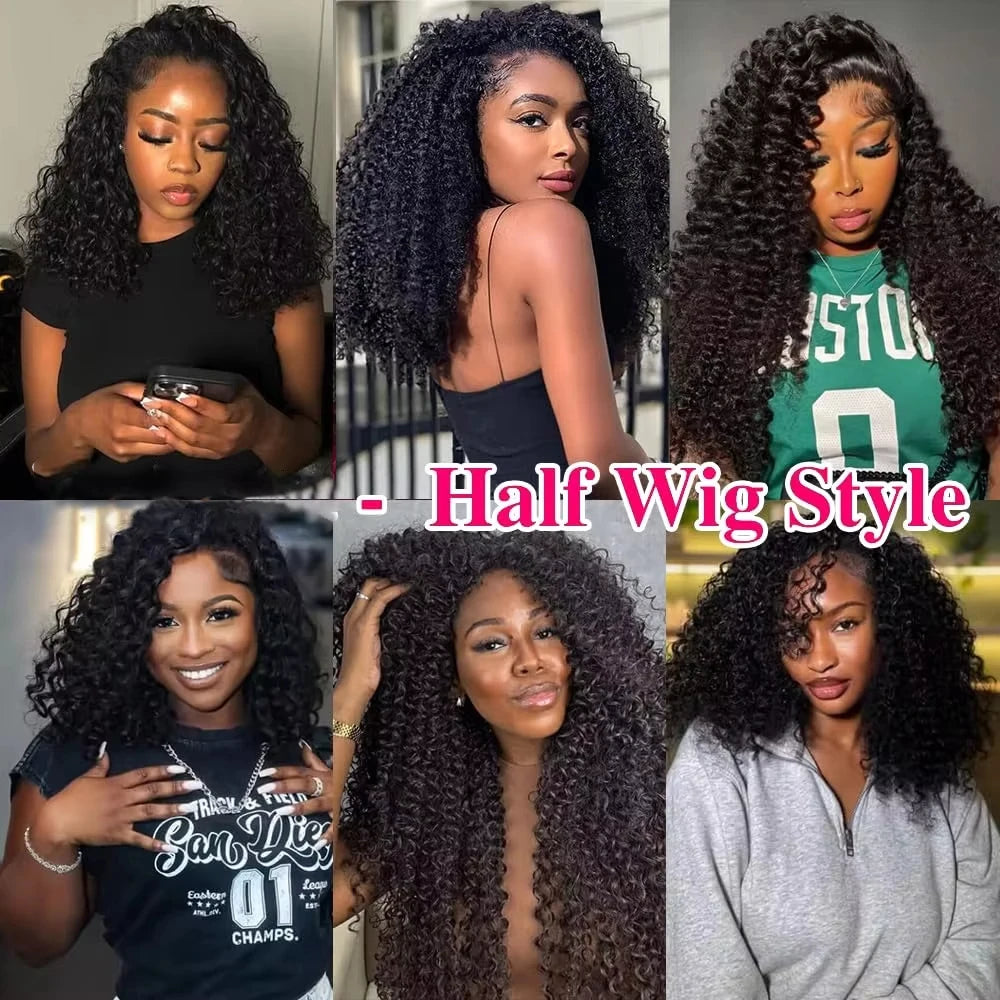 Kinky Curly Human Hair Wig 3 IN 1 Half Wigs Human Hair 250% Density Full Machine Made Clip-in With Drawstring Seamless