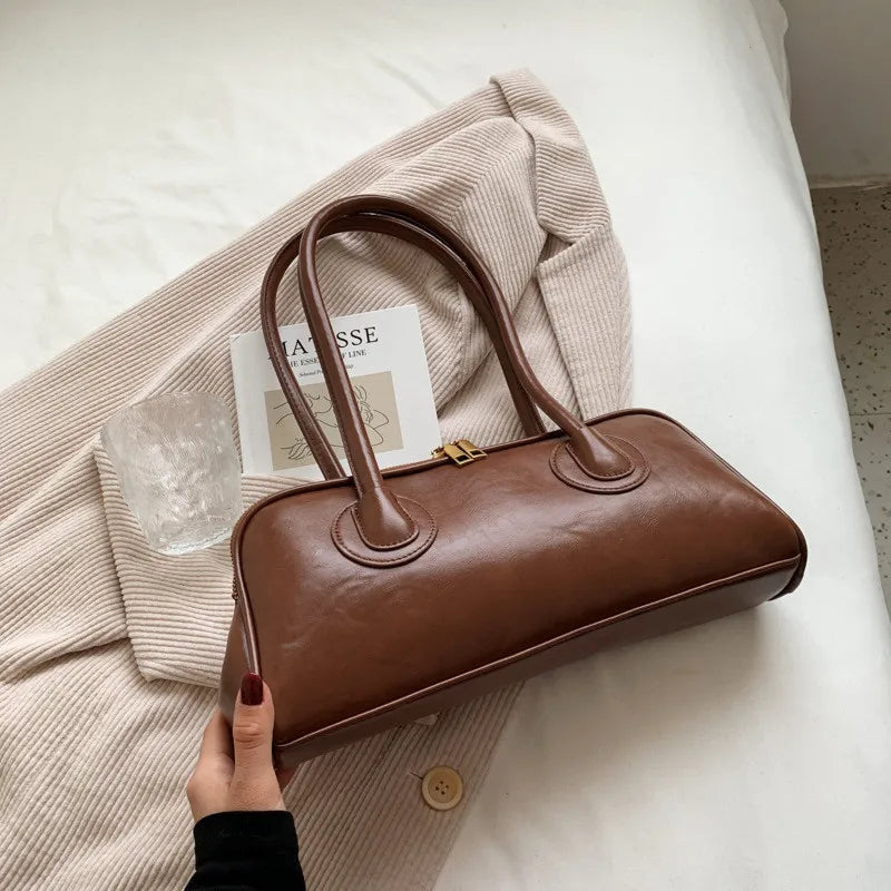 Classic Leather Handbag, Retro Simple Shoulder Underarm Bag, Elegant Stylish Baguette Tote Bag for Women Everyday Collocation