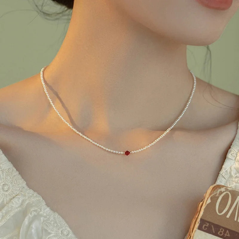 Pearl Necklace Bracelet Women Red Crystal Classic Bead Jewelry Premium Luxury Clavicle Chain Trendy Choker Party Gift