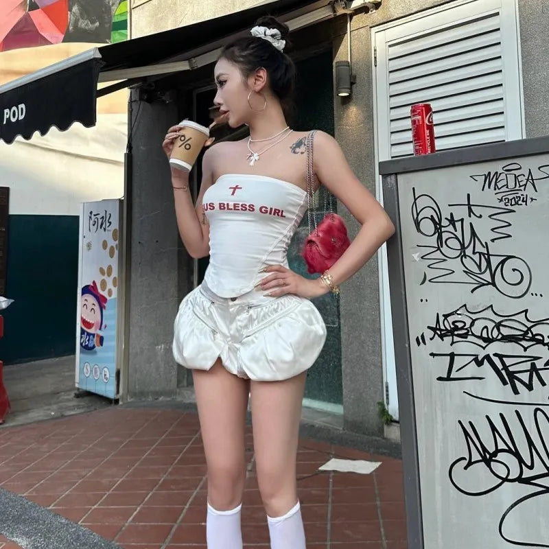 Oshfall European and American hot girls 2024 summer new sexy sleeveless letter print slim tube top sweet spicy women's top