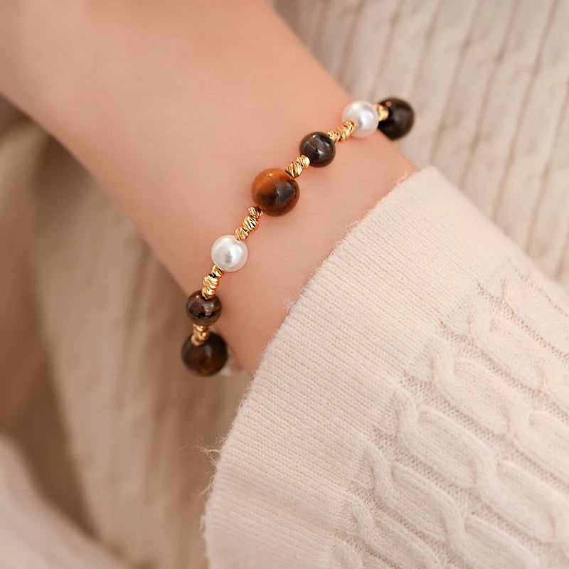 Stainless Steel Natural Tiger Eye Stone Bracelet For women Pearl Indian Style Necklaces and Bracelets Handmade Ethnic Jewel
